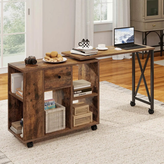 Rotating Writing Office Desk with Storage and Wheels for Home Office