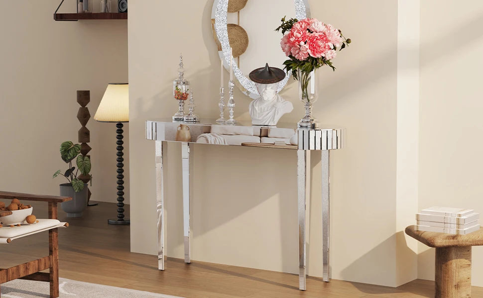 Mirrored Console Table Makeup Vanity Desk Modern Home Office Furniture