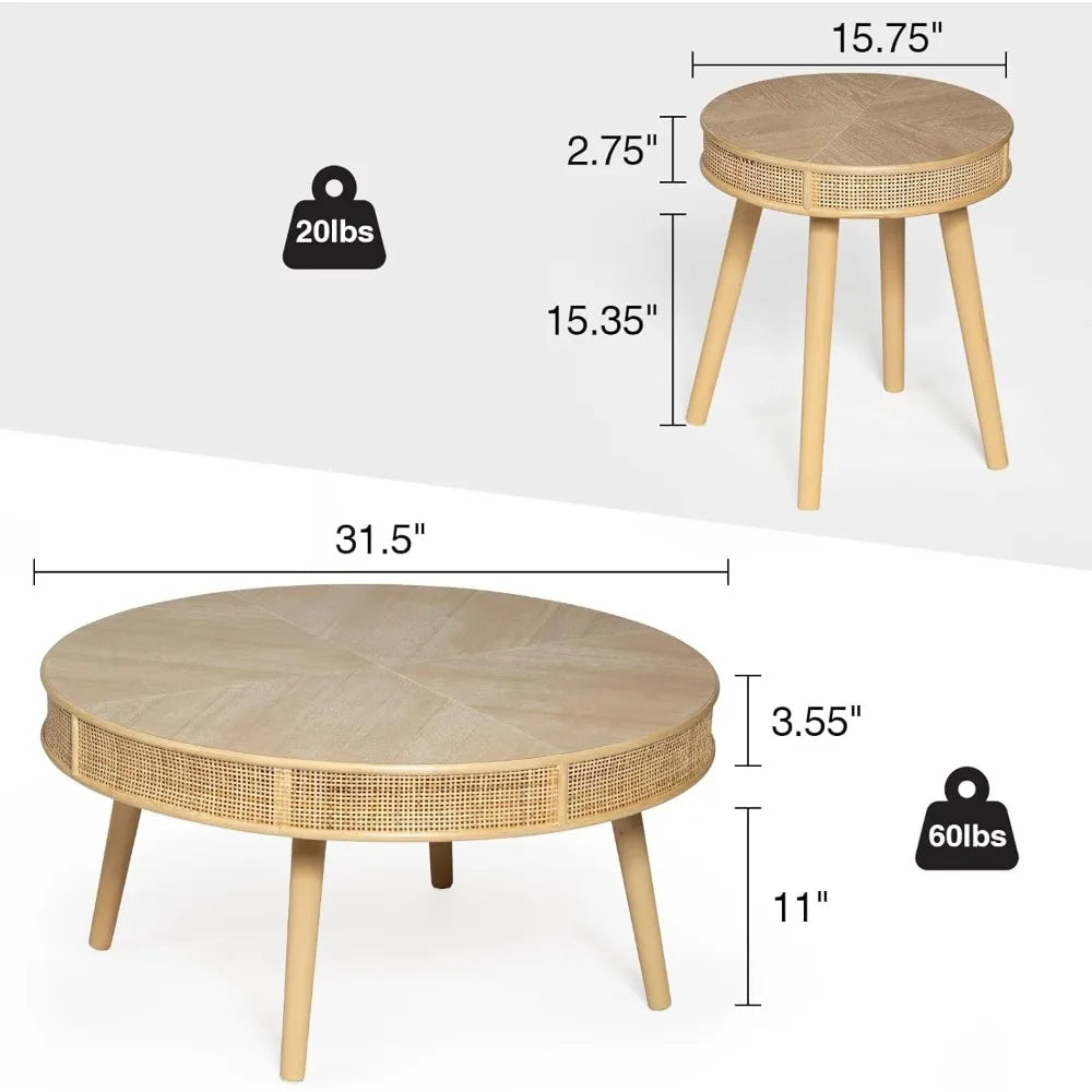 Farmhouse Round Coffee Table Rustic Nesting Table Set for Living Room