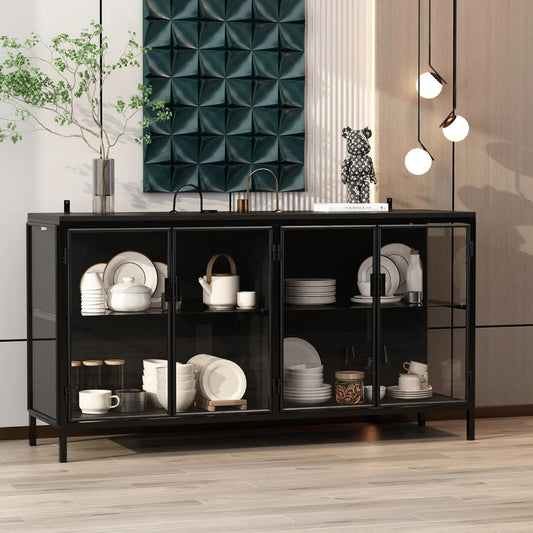 Sideboard Display Cabinet with Glass Doors and LED Lights Buffet Storage