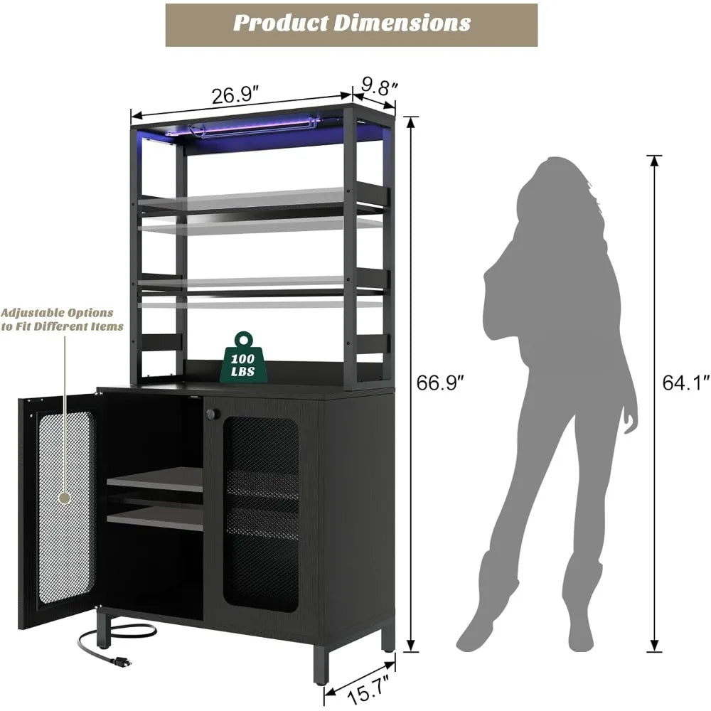 Tall Bar Cabinet with Power Outlets LED Lights Wine Liquor Storage