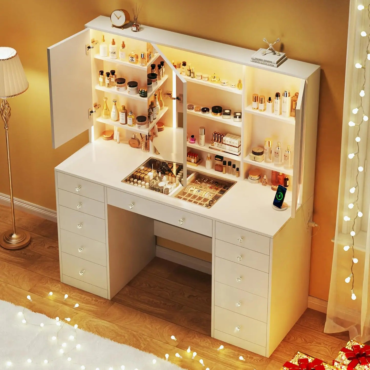 Vanity Desk with Mirror Lights 50 Inch Makeup Vanity Glass Top 11 Drawers