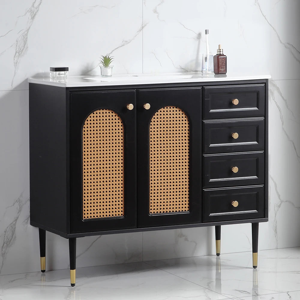 36 Inch Bathroom Vanity with Ceramic Basin Rattan Storage Cabinet
