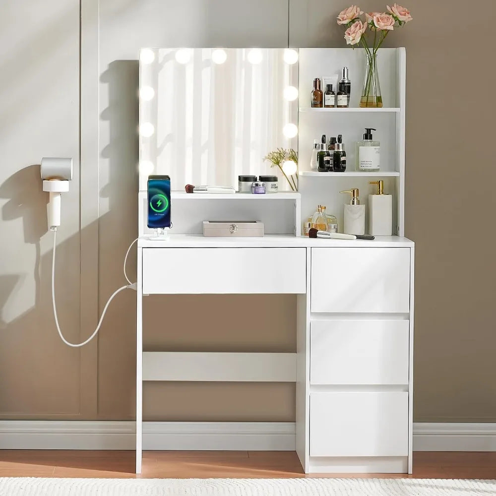 Makeup Vanity Desk with LED Light Power Outlet Storage Chair Set