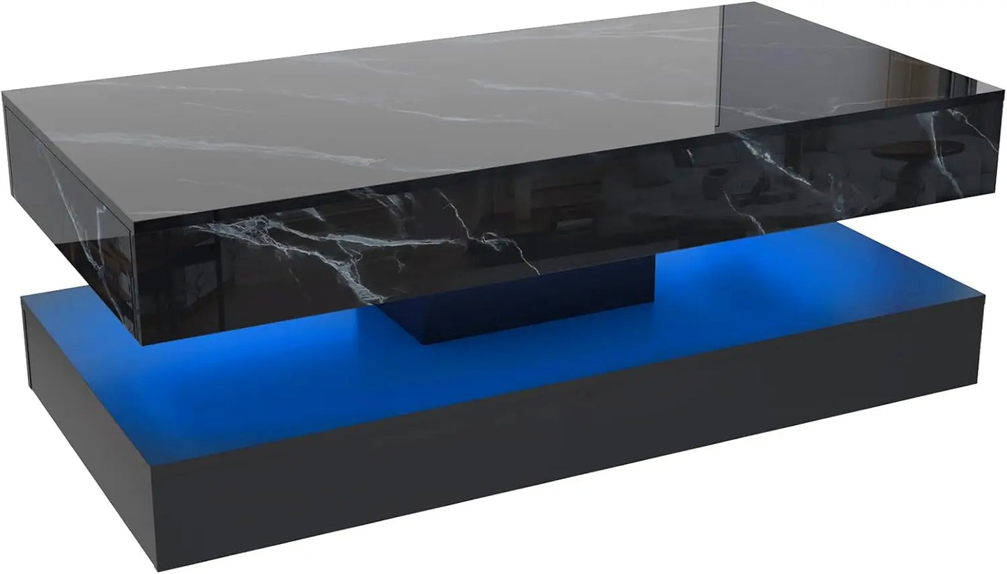 Modern Coffee Table with LED Lights Double-Layer Design Storage Drawers