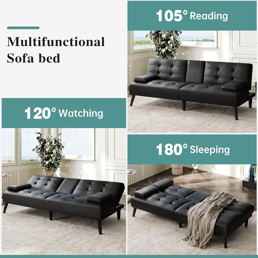 Ljustra Folding Futon Sofa Bed Adjustable Lounge Chair 3 Angles 2 Cup Holders