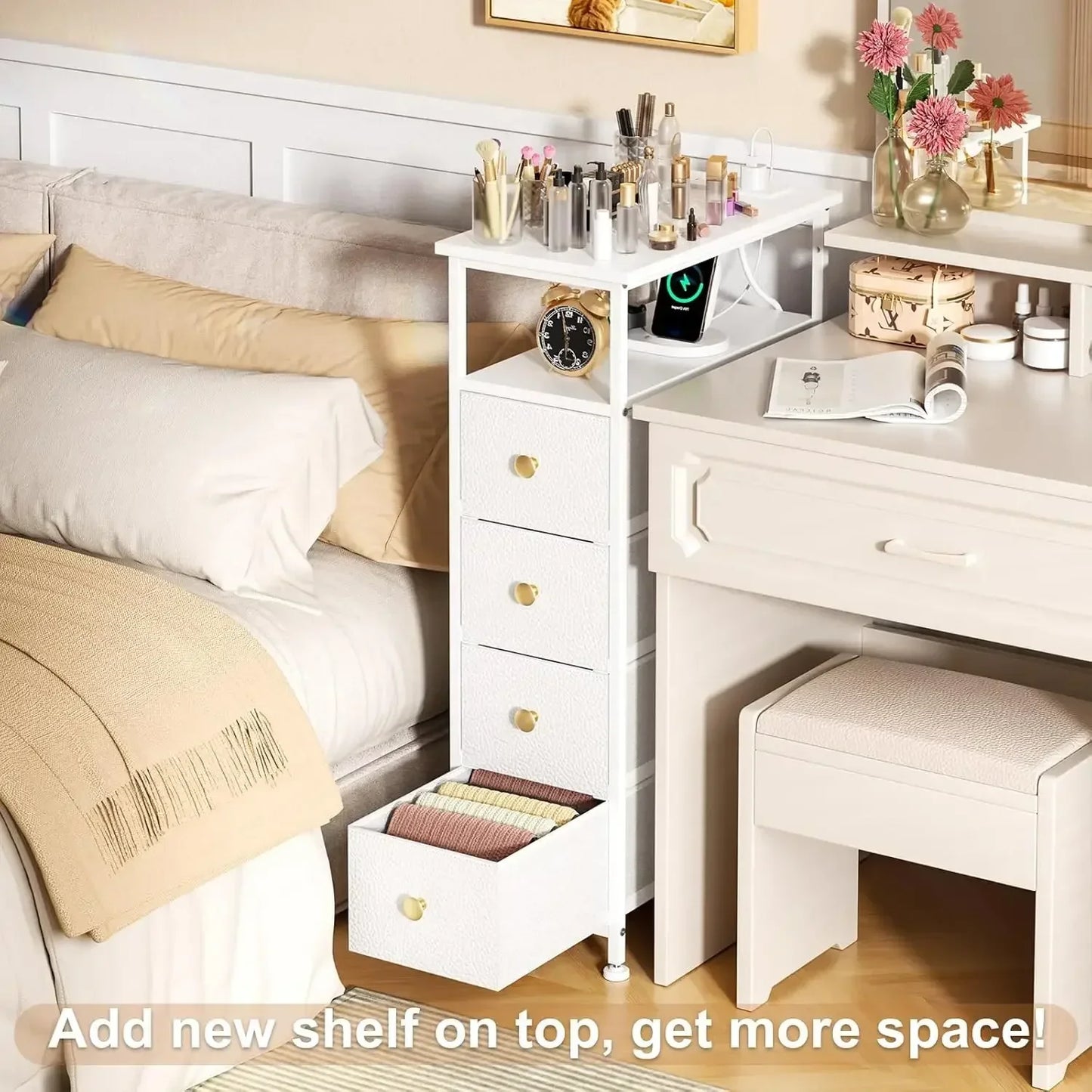 Narrow Dresser with Charging Station 4 Fabric Drawers Slim Chest