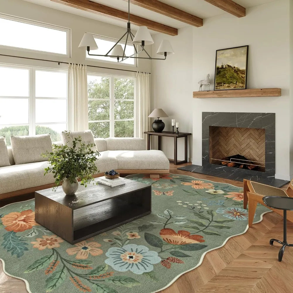 Floral Washable Non-Slip Rug 8x10 Soft Stain Resistant Living Room