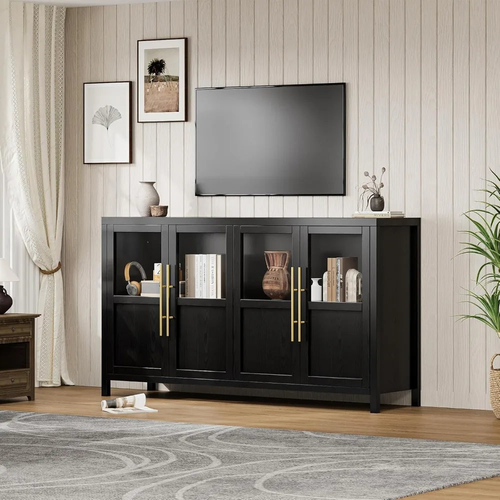 Large Sideboard Buffet Cabinet with 4 Glass Doors Modern Storage