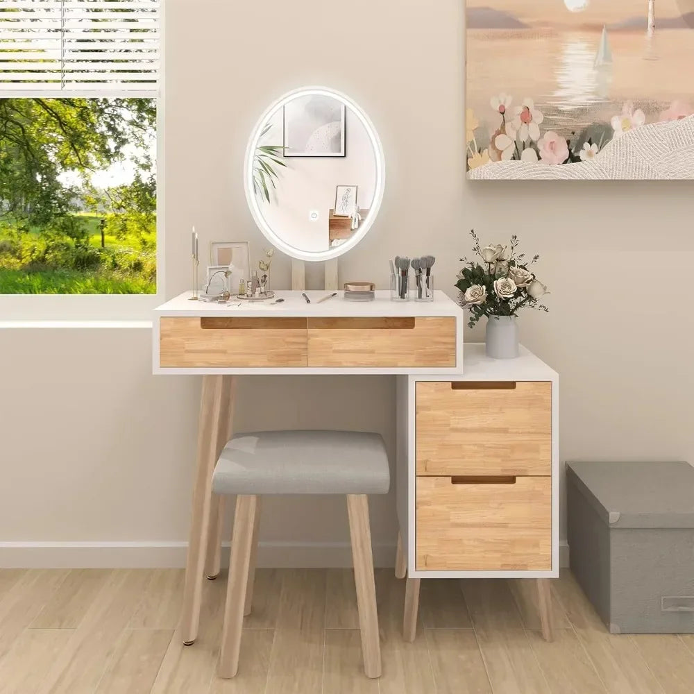 Small Vanity with 4 Drawers Adjustable Lighting Mirror for Small Spaces
