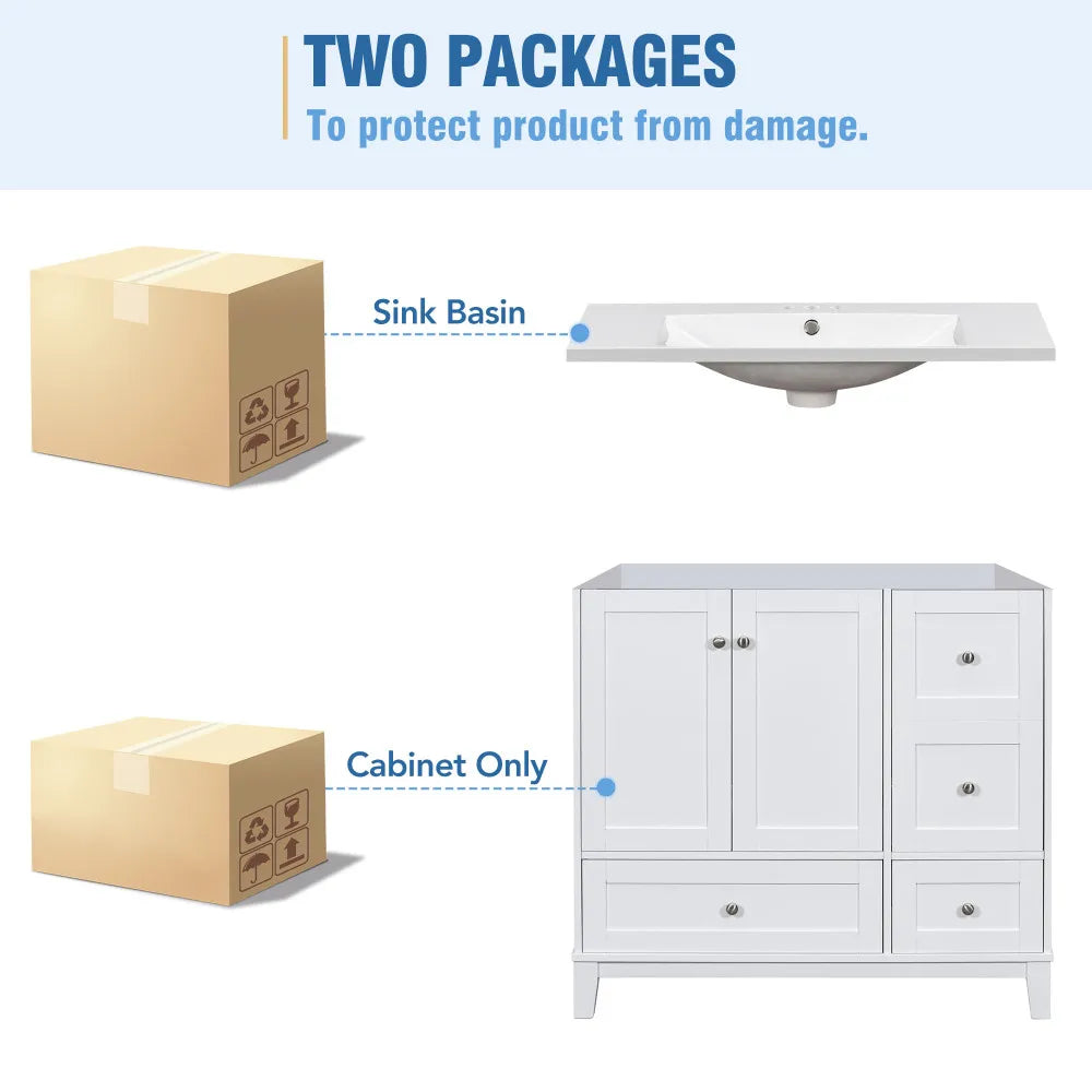 36 Inch Modern Bathroom Vanity with USB Charging and Ample Storage