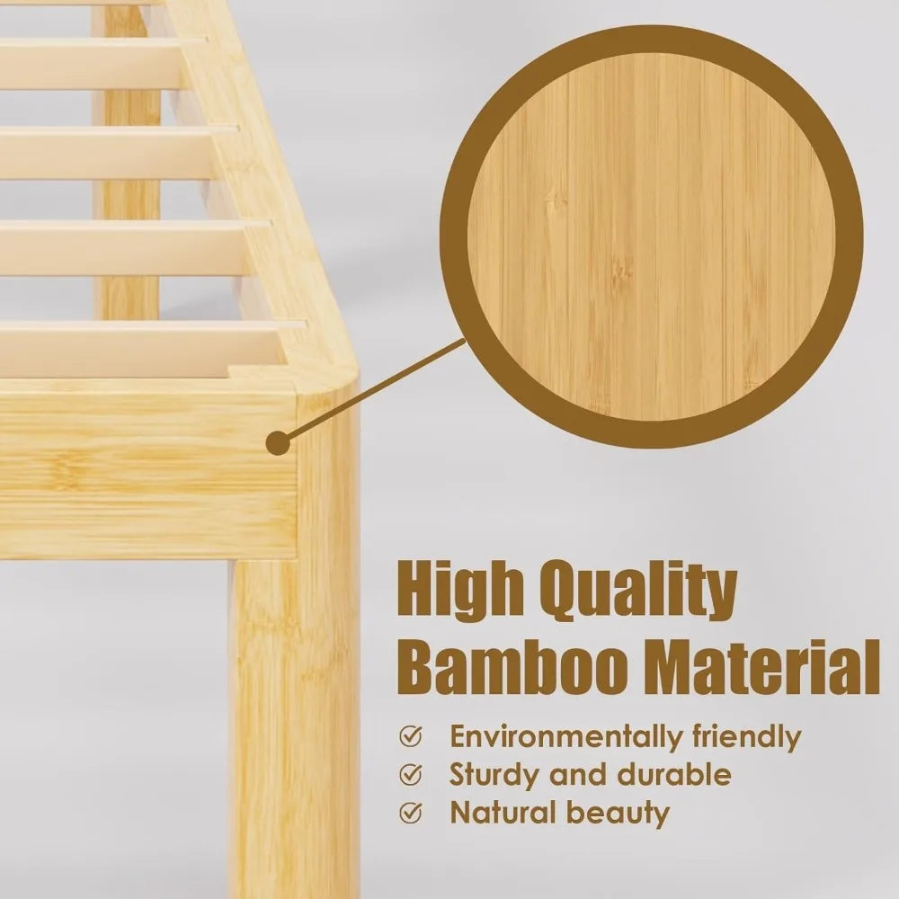 12 Inch High Bamboo King Bed Frame Platform Steel Slat Support Easy Assembly
