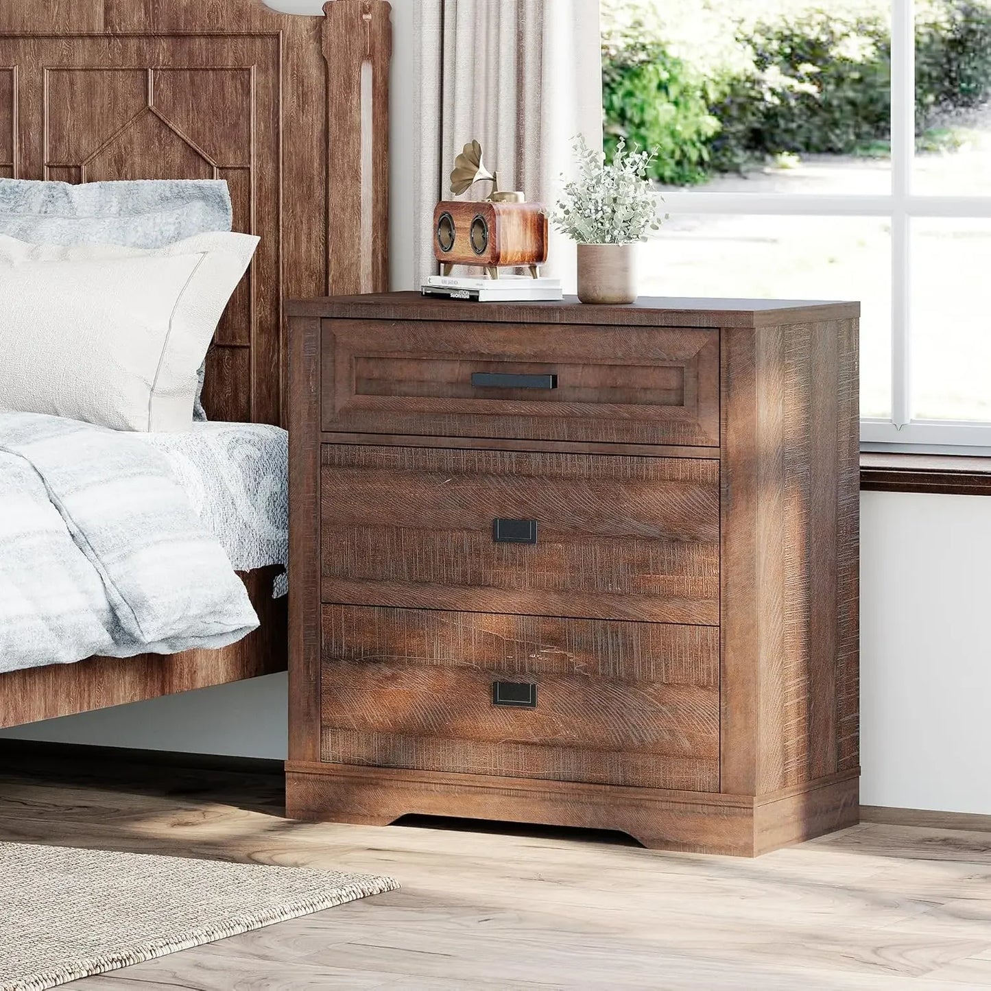 Solid Wood Nightstand Set of 2 Farmhouse Dresser with Drawers