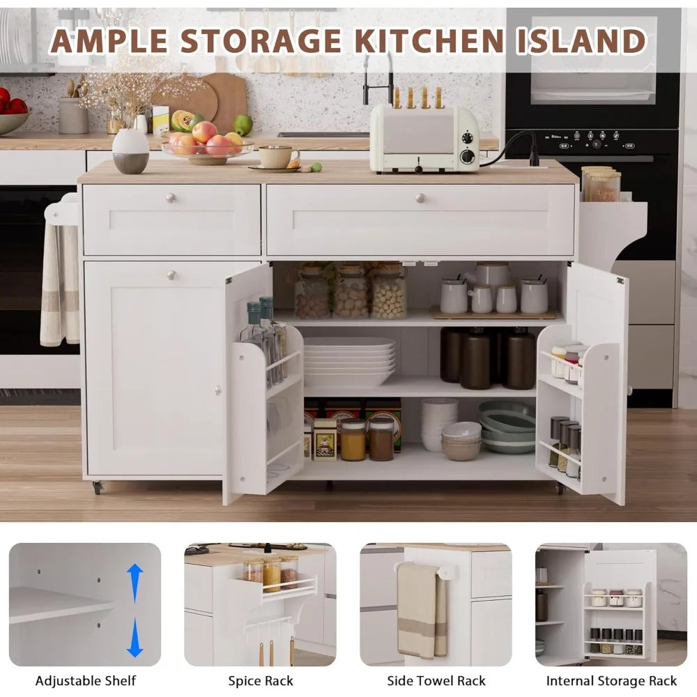 Kitchen Island with Storage Rolling Cart Drop Leaf Power Outlet