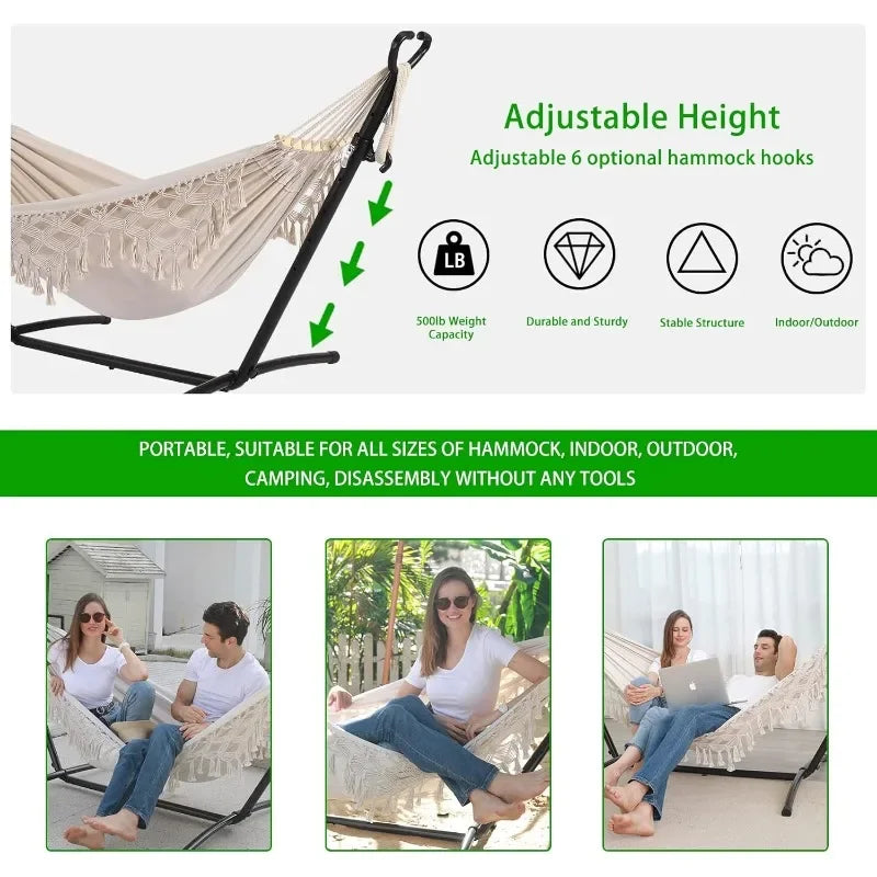 Double Hammock with Stand and Phone Holder for Indoor Outdoor Use