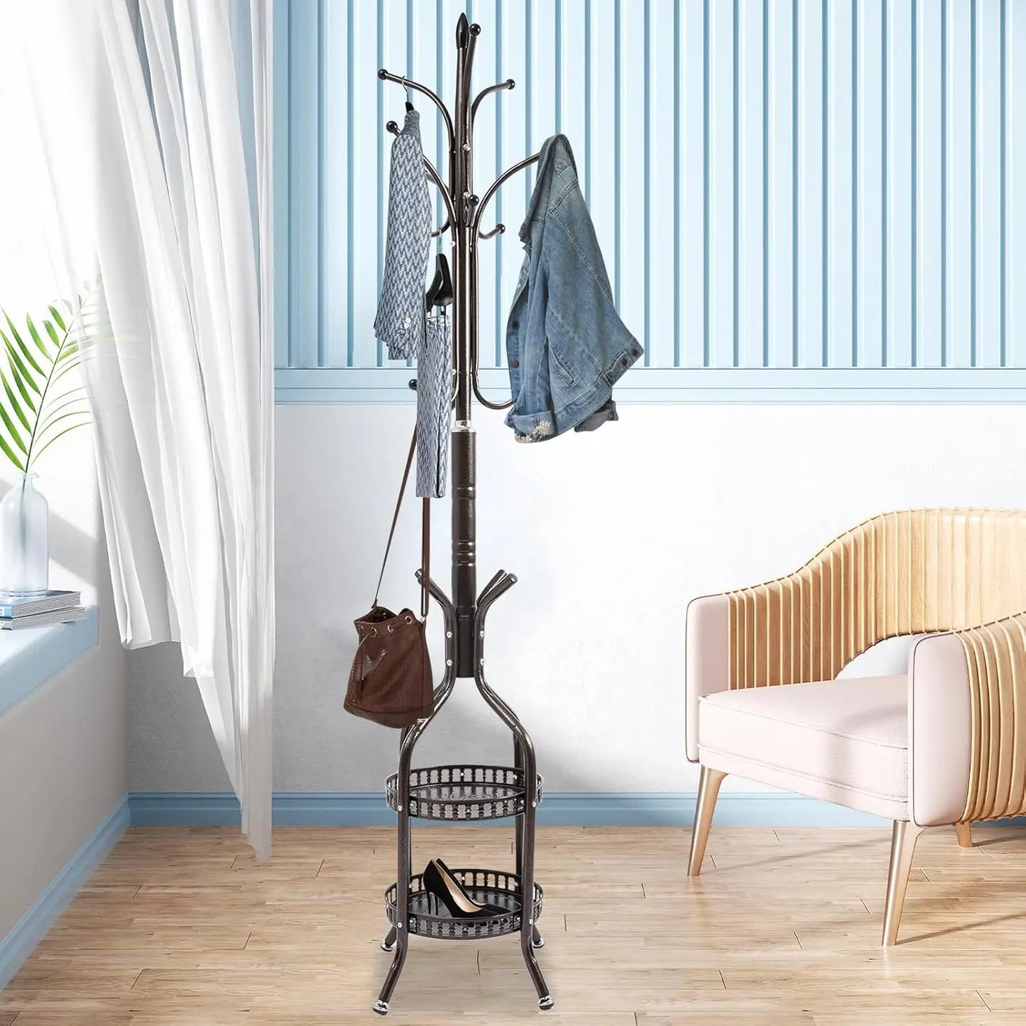 Pink Modern Metal Coat Rack Stand Freestanding Hat Hall Tree 12 Hooks