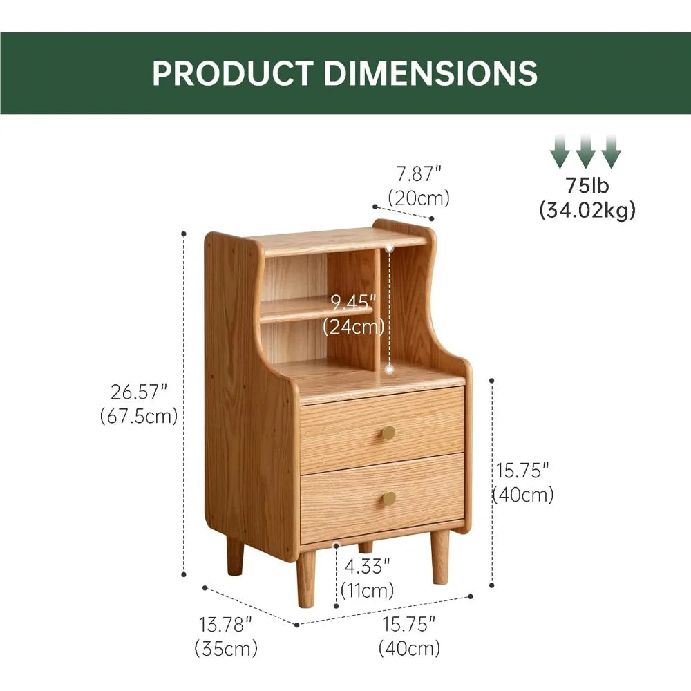 Solid Oak Wood Nightstand 2 Drawers Open Storage 26.57" Tall