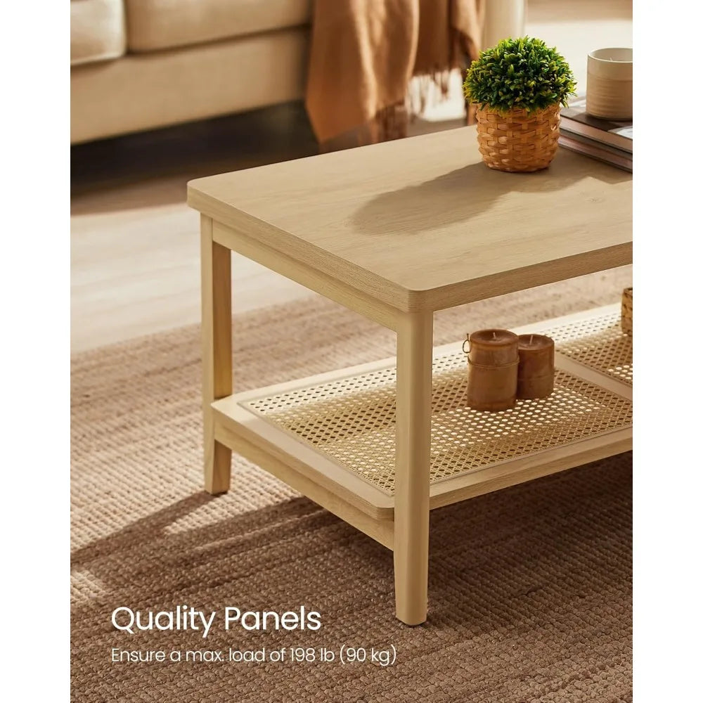 2-Tier Coffee Table for Living Room, Rectangular Living Room Table, with PVC Rattan Storage Shelf, Rounded Corners, Easy