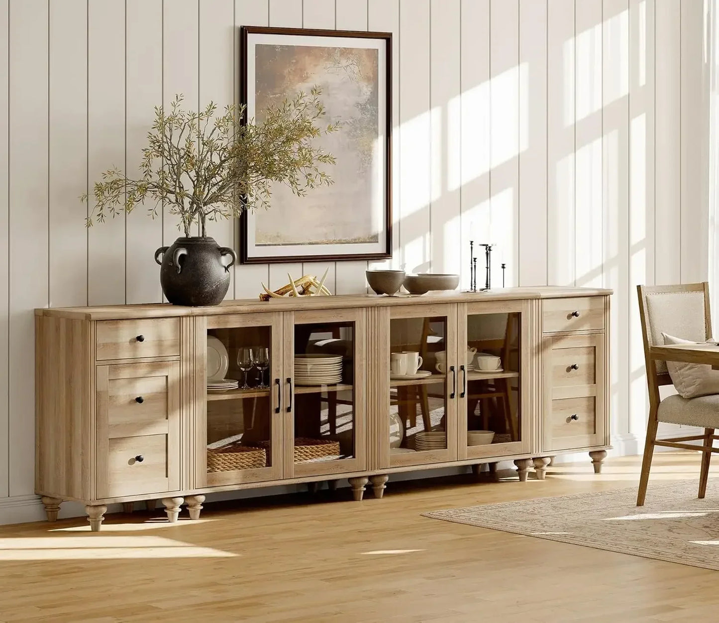 Sideboard Buffet Cabinet with 4 Glass Doors and Charging Station Oak