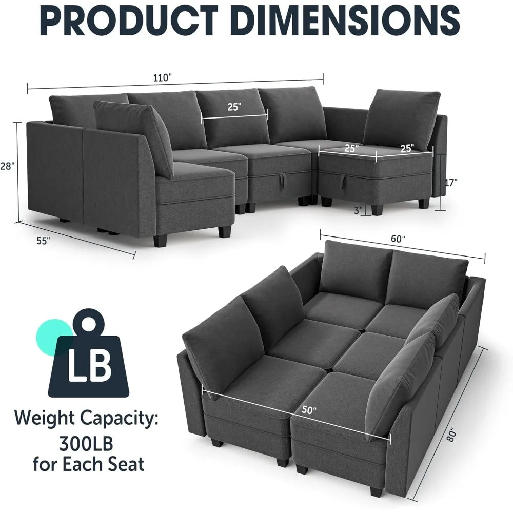 Modular Convertible Sectional Sofa 6-Seat U/L Shape Couch Storage Grey White