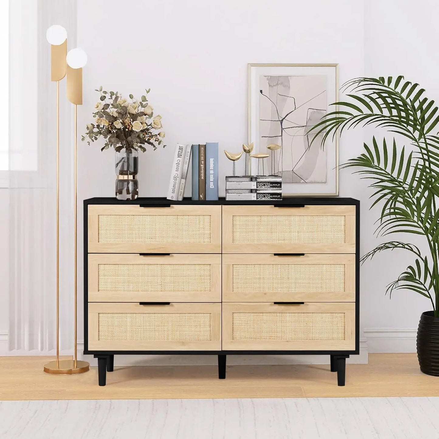 Rattan Dresser Bedroom Storage 6 Drawer Modern Chest with Gold Handles
