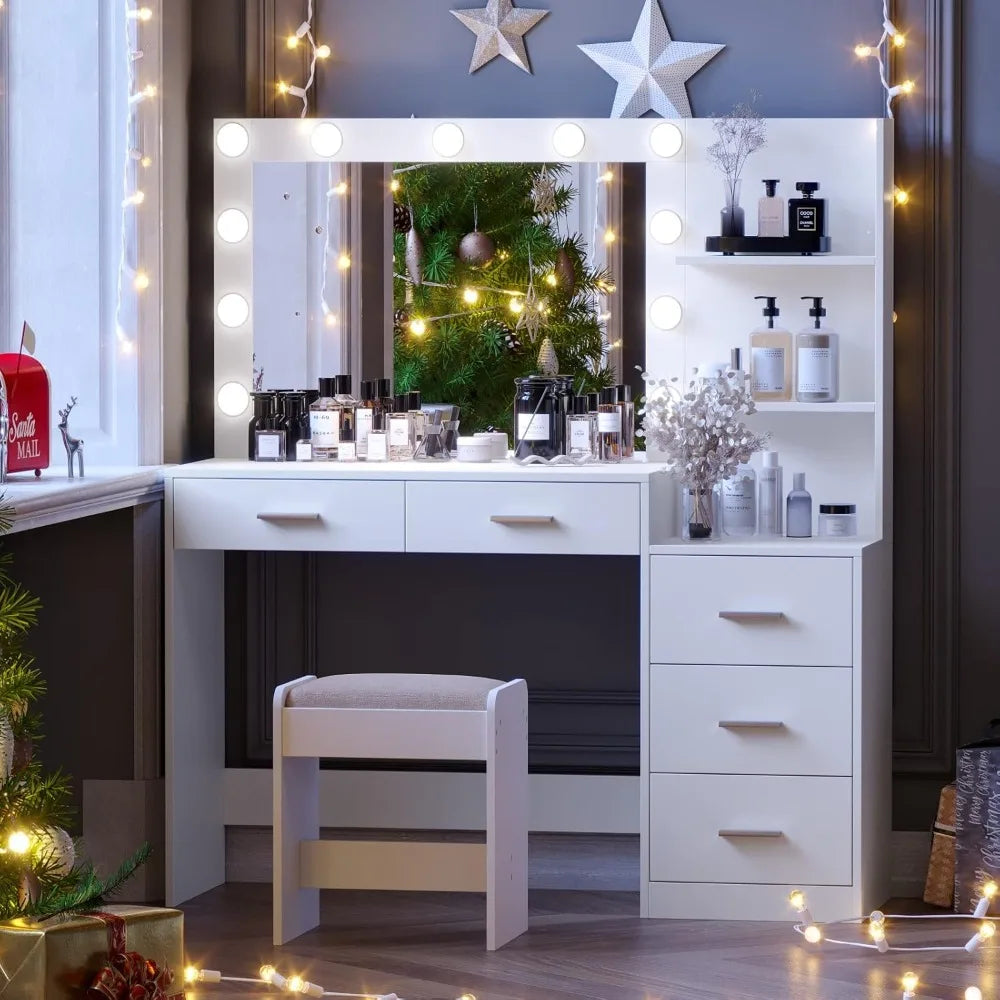 46.7 Inch Makeup Vanity Set with LED Lights and Mirror and 5 Drawers