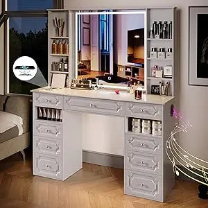 Black Vanity Desk with Lighted Mirror and 9 Storage Drawers for Makeup