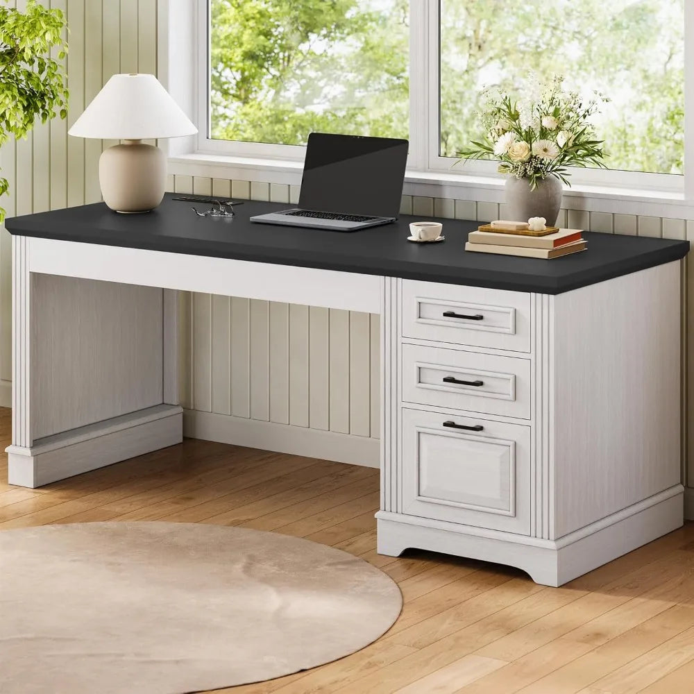 Farmhouse Executive Desk with Storage Drawers and Power Outlet