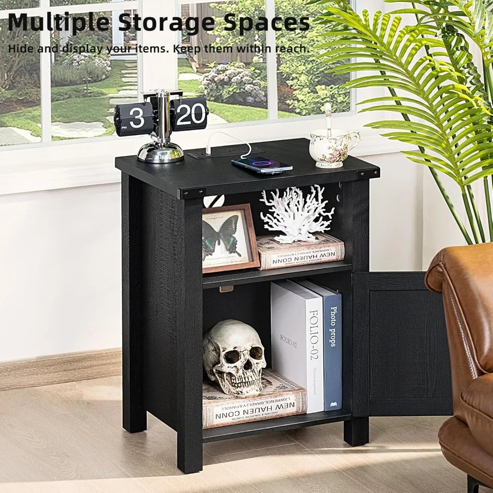 18 Inch Farmhouse Nightstand with Charging Station USB Ports Rustic Table