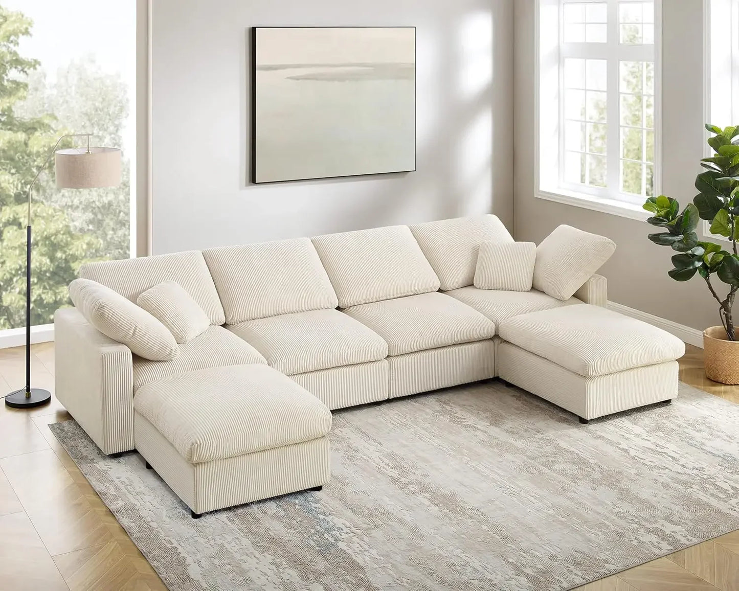 Ljustra 110" Large Modular Sofa Bed, Modern Sleeper Chaise, Corduroy Cloud Couch