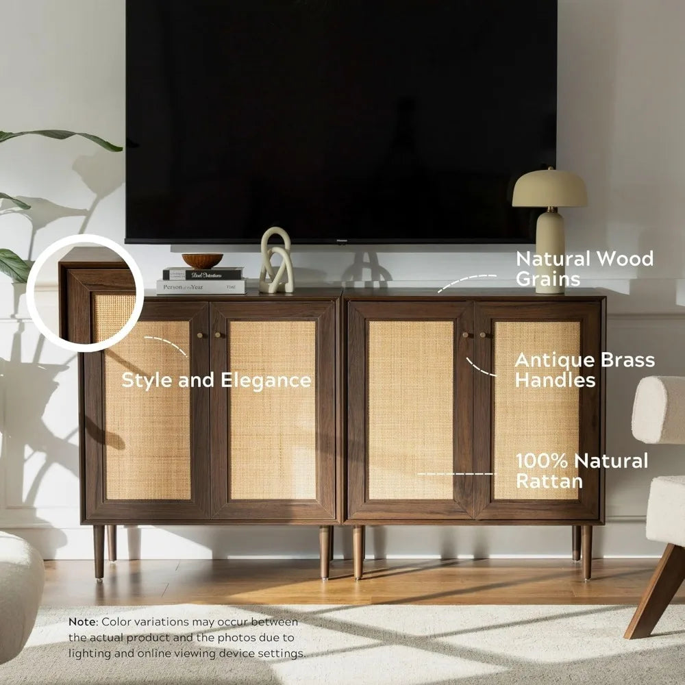 Natural Rattan Cabinet Sideboard Set of 2 Boho Buffet Storage
