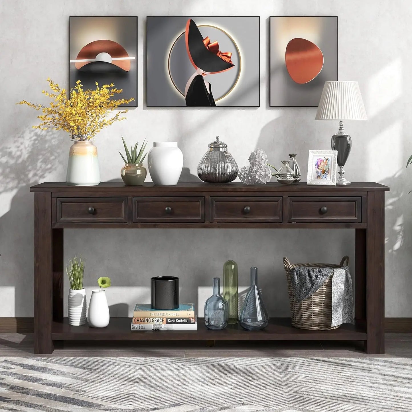 64 Inch Rustic Console Table with Drawer Shelf Storage for Entryway