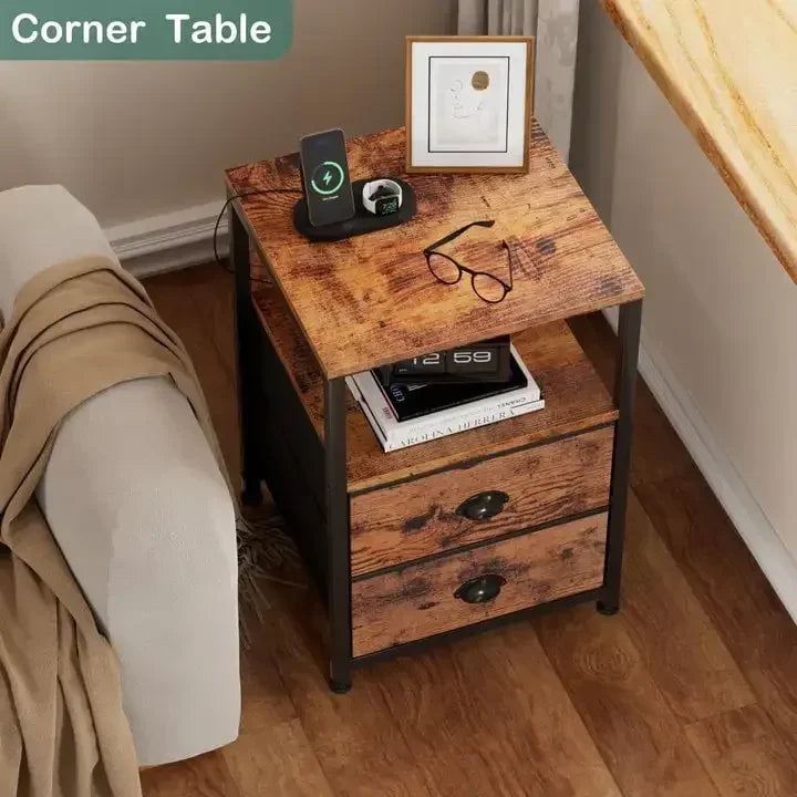 Nightstand Set of 2 with Charging Station and Drawers Rustic Style