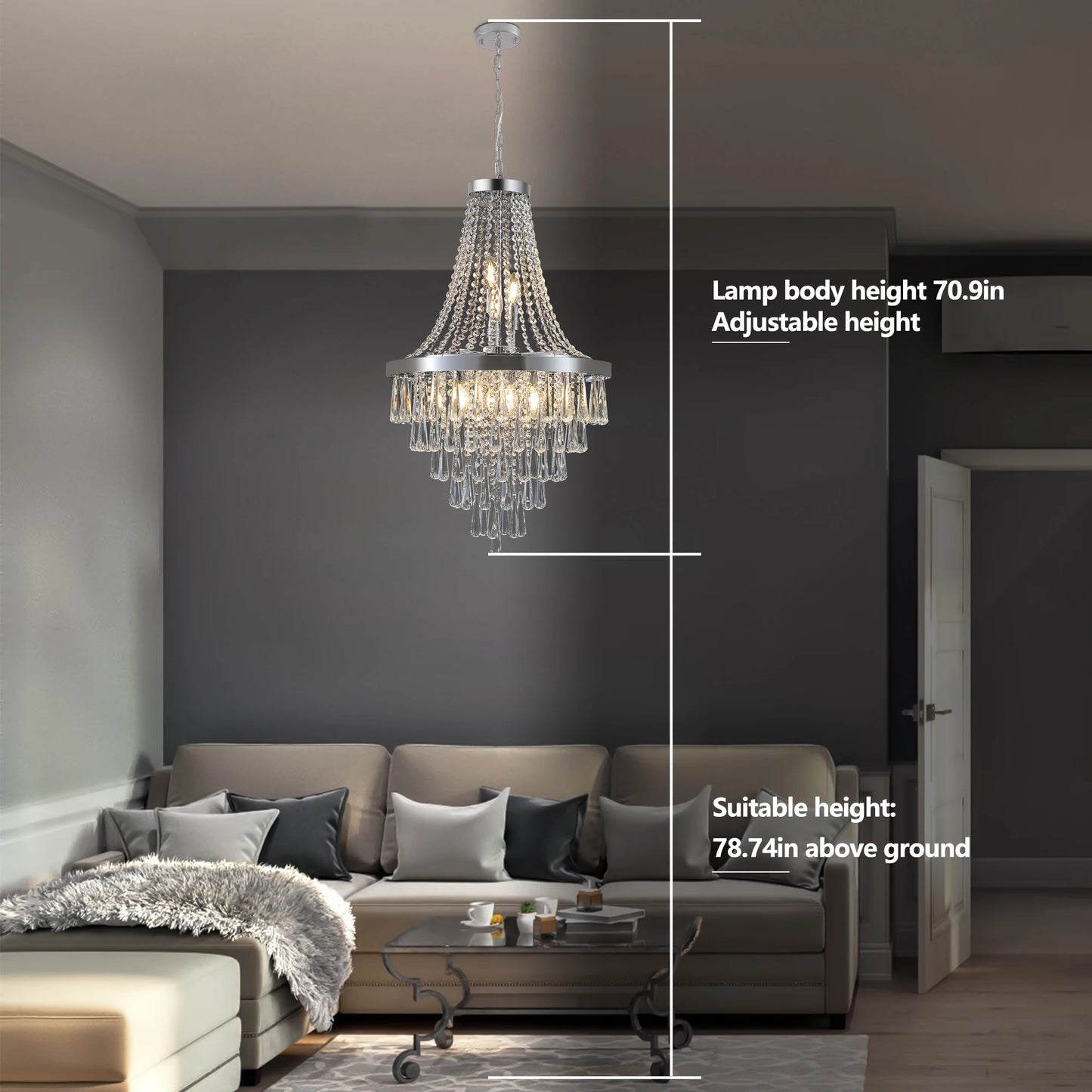 19.7-inch Crystal Chandelier Adjustable Height Modern Ceiling Light Fixture