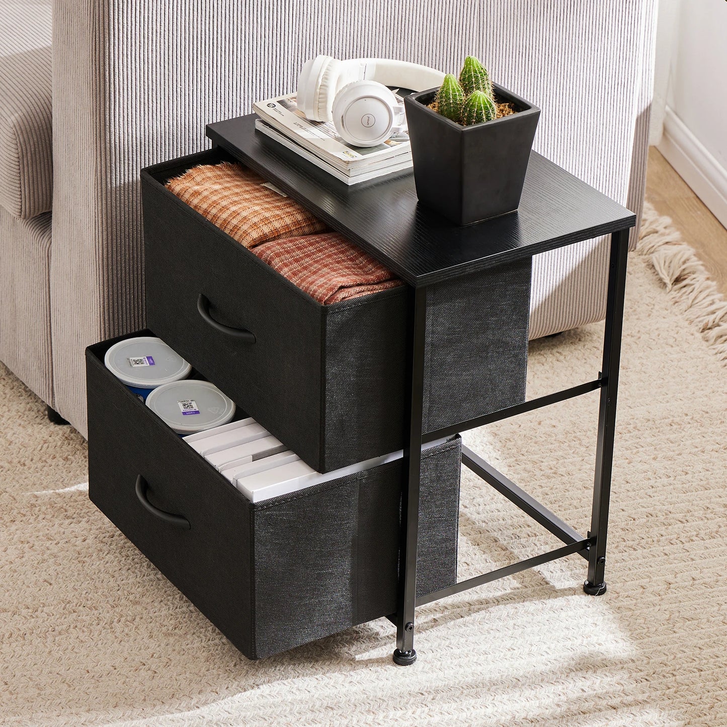 Ljustra Nightstand Bedside Table with 2 Fabric Drawers for Storage