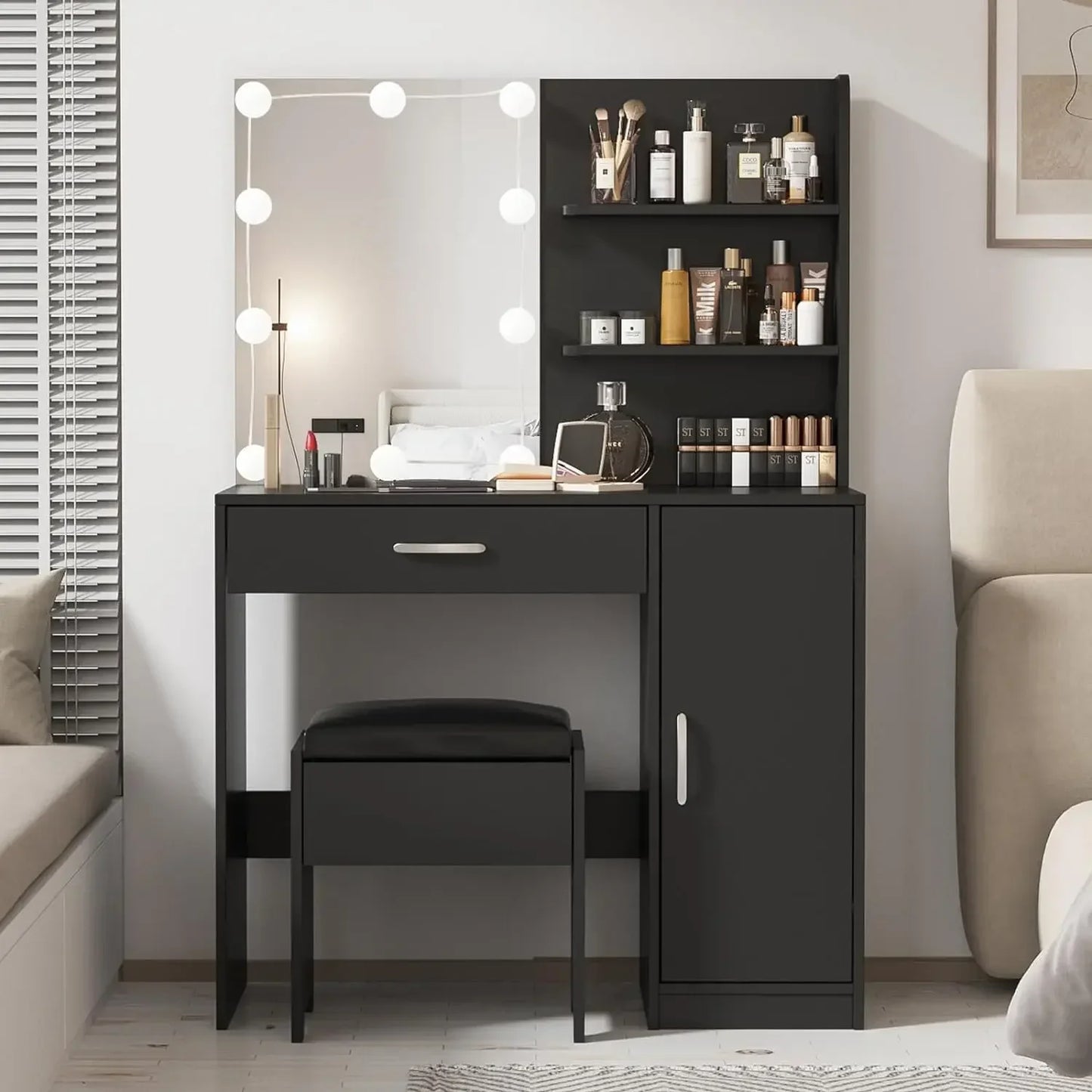 Makeup Vanity Desk with Lighted Mirror Power Strip 3 Lighting Modes Storage