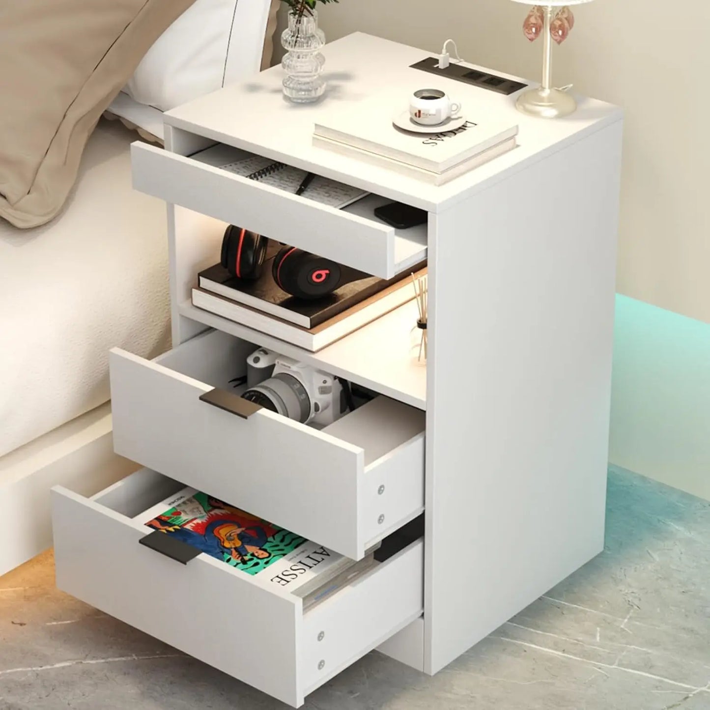 LED Nightstand with Charging Station and Drawers for Bedroom Decor
