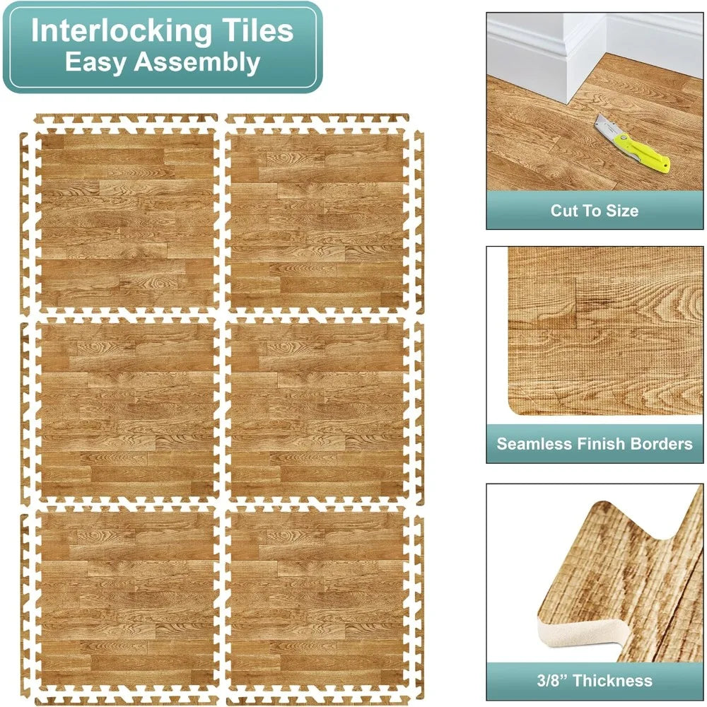 12 Tiles Wood Grain Floor Tiles Foam Mat 48 Sq Ft Exercise Mats