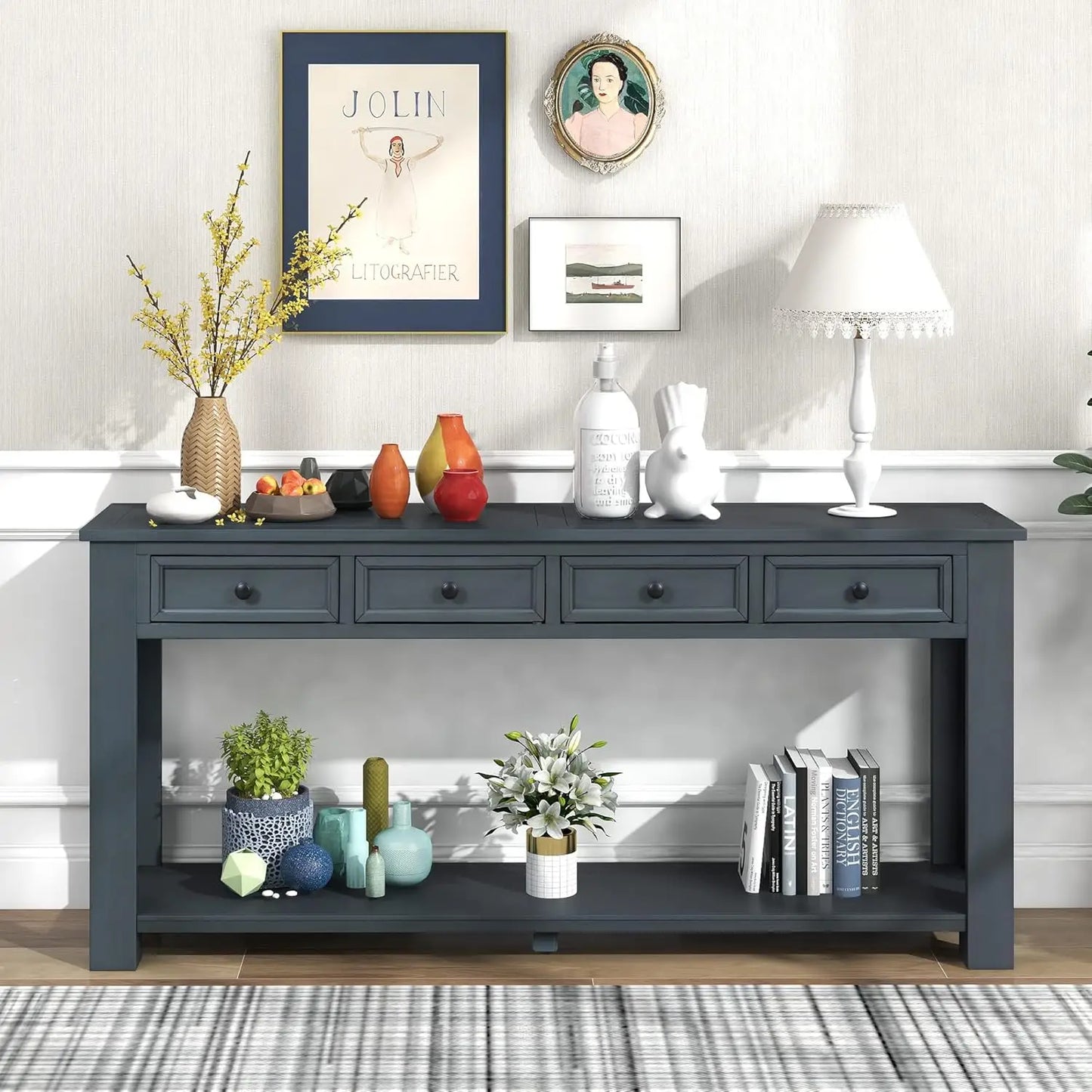 64 Inch Rustic Console Table with Drawer Shelf Storage for Entryway