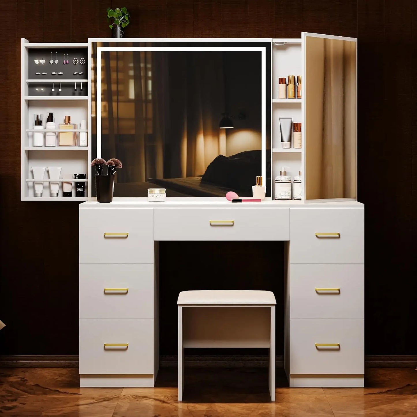 Modern Vanity Desk with Lighted Mirror Charging Station Makeup Table