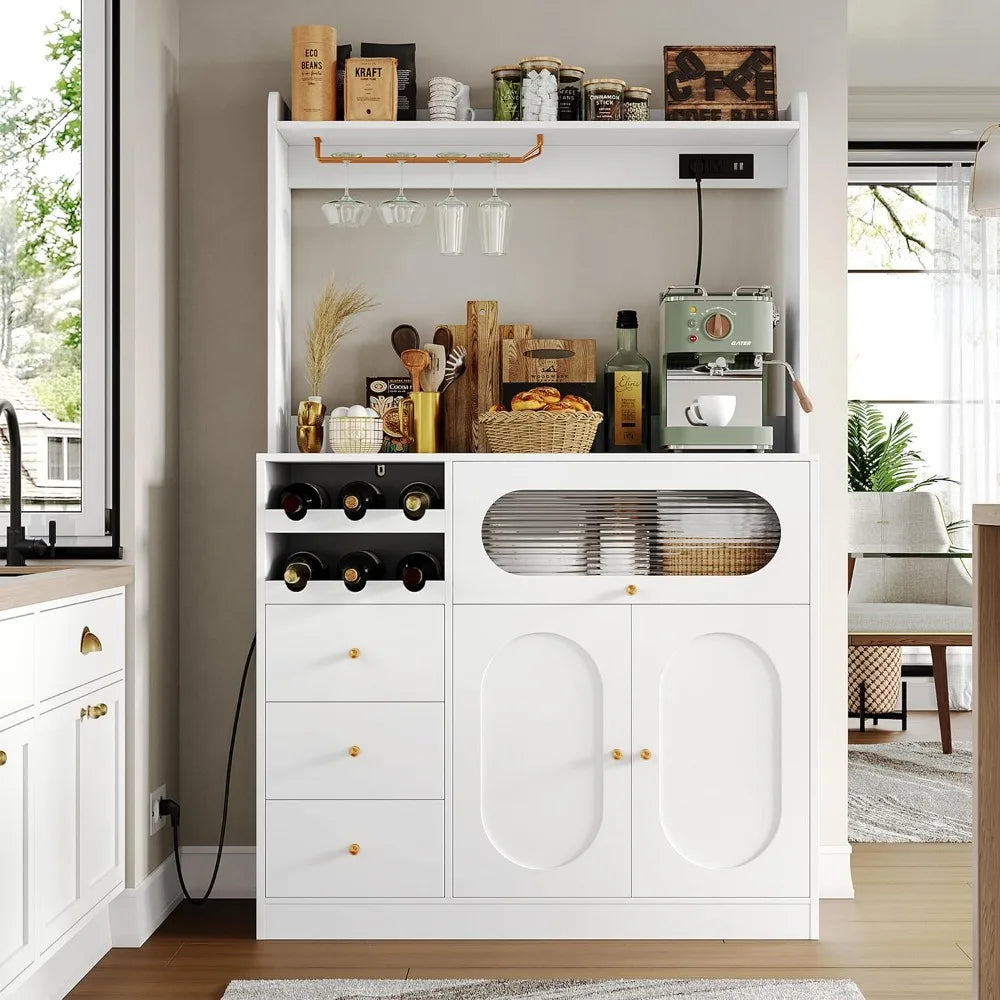 Kitchen Pantry Storage Cabinet Buffet Coffee Bar with Charging Ports
