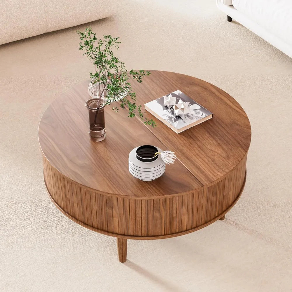 Round Lift Top Coffee Table with Storage Mid Century Modern Design