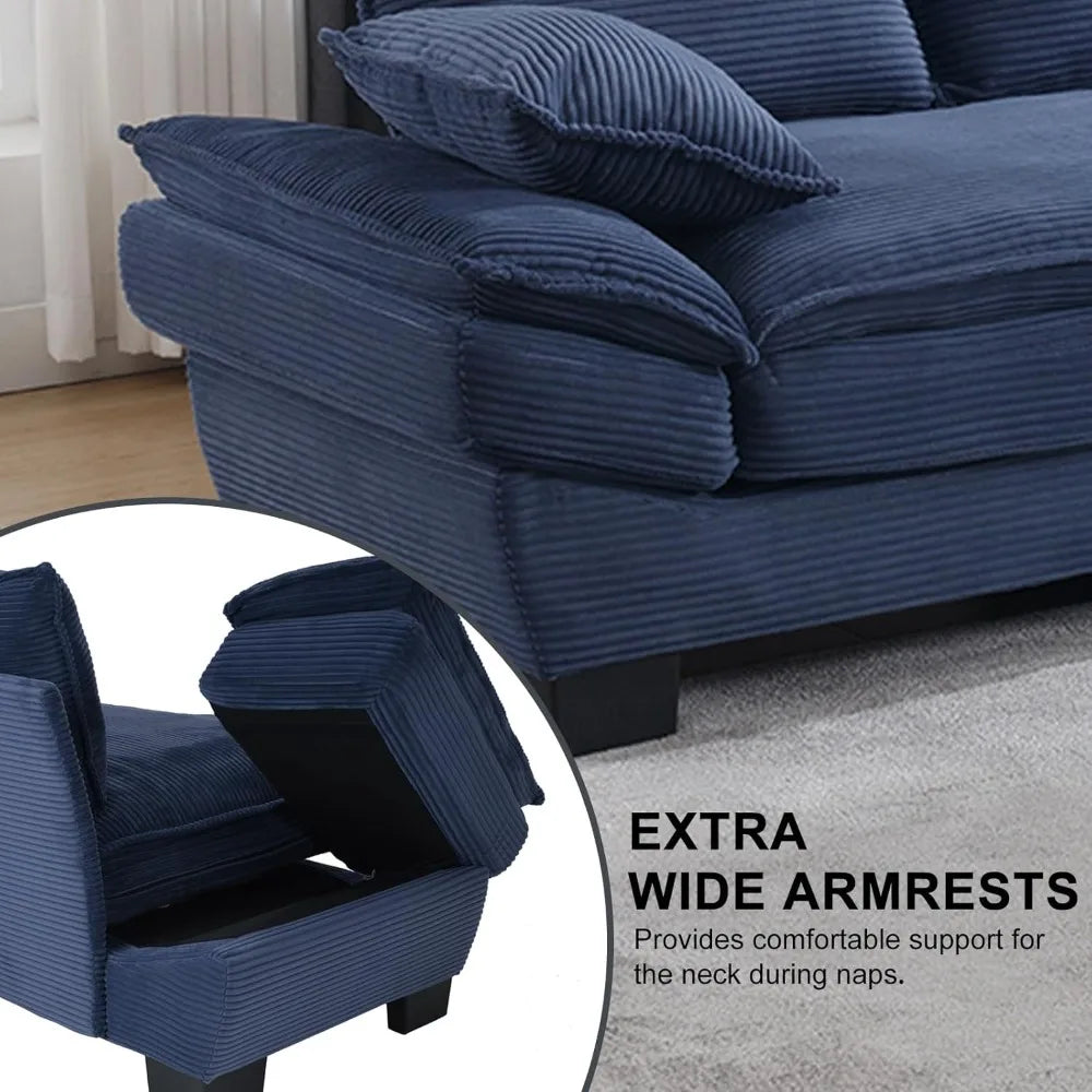 90” Blue Corduroy Oversized Loveseat Sofa Deep Seat Couch Modern Living Rooms