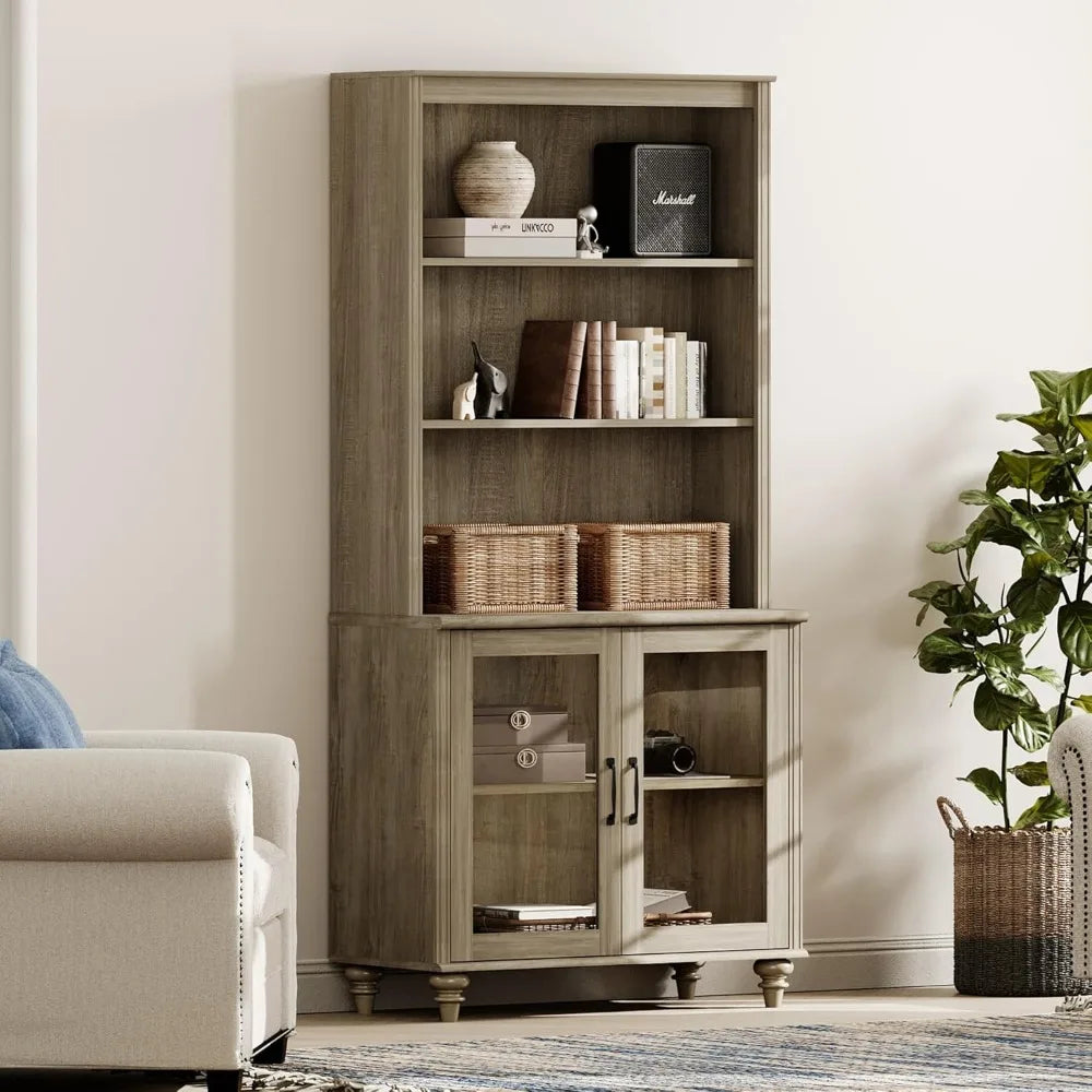 5 Tier Farmhouse Bookshelf Large Display Bookcase with Glass Doors