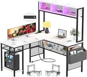 L Shaped Computer Desk with LED Lights USB Ports Reversible Storage