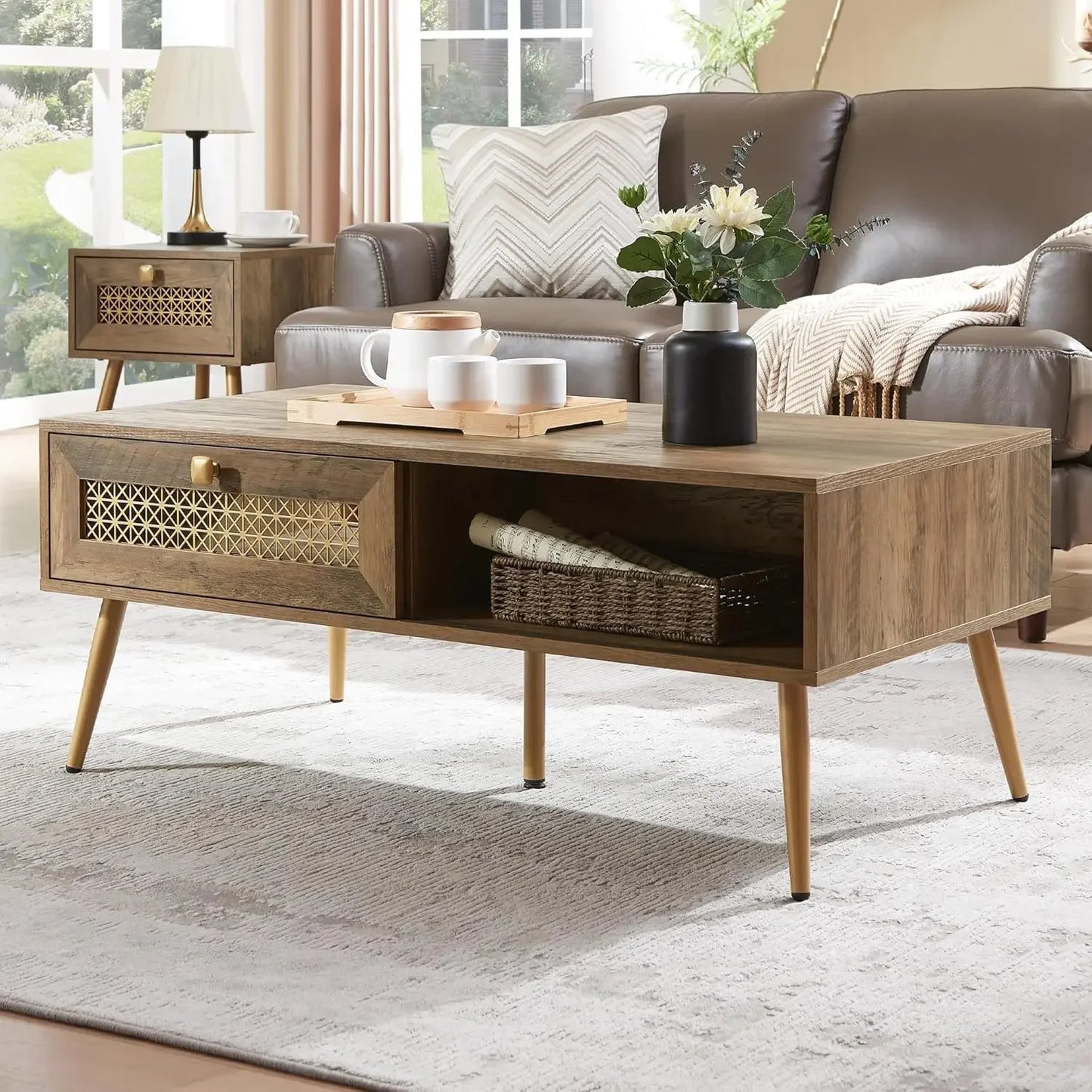 Wooden Mid Century Modern Coffee Table with Sliding Door for Living Room