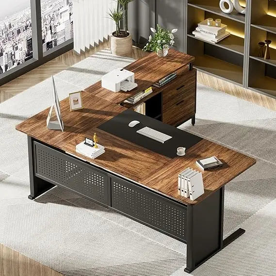 L-Shaped Executive Office Desk with File Drawer and Storage Shelves