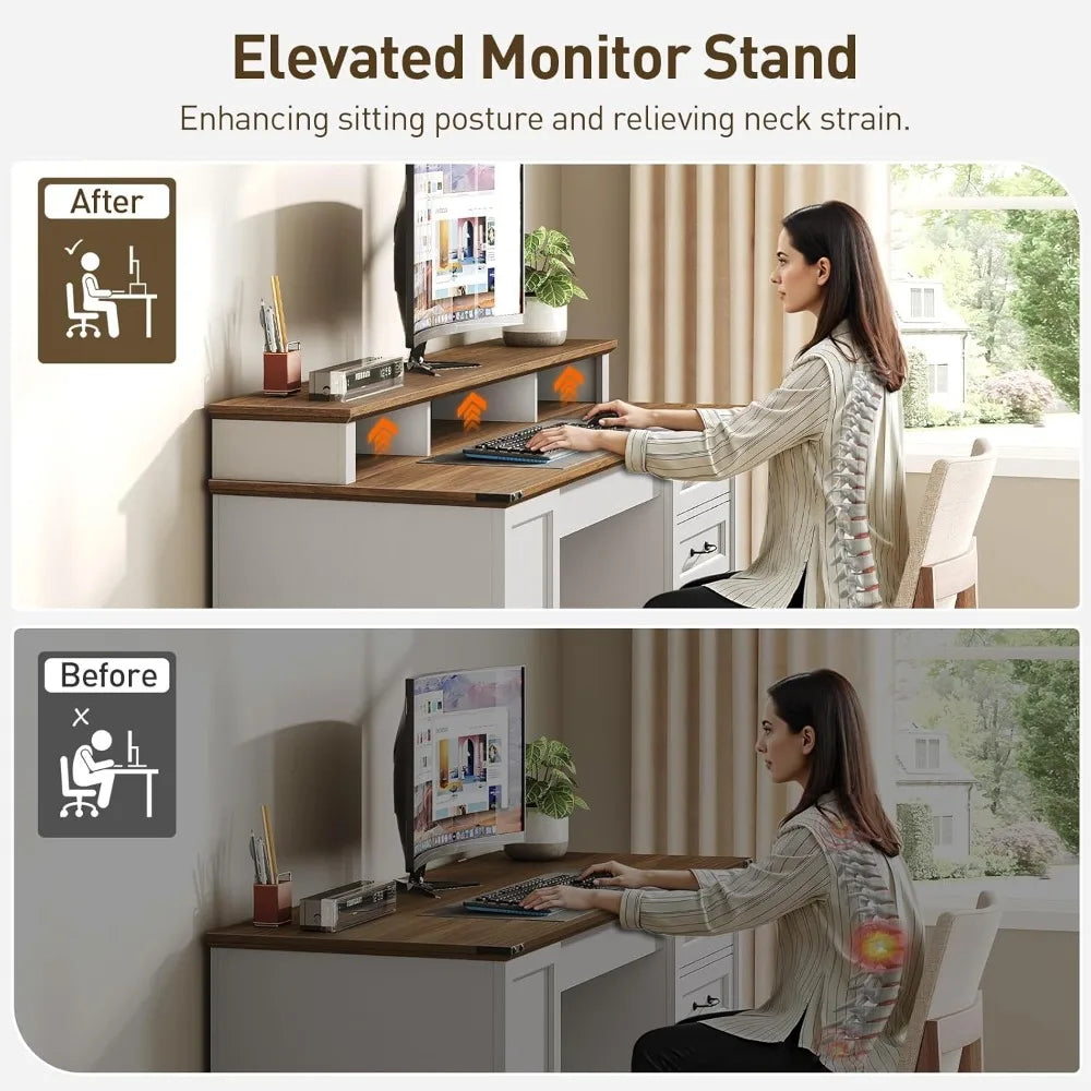 55 Inch Farmhouse Executive Desk with Drawers and Monitor Stand