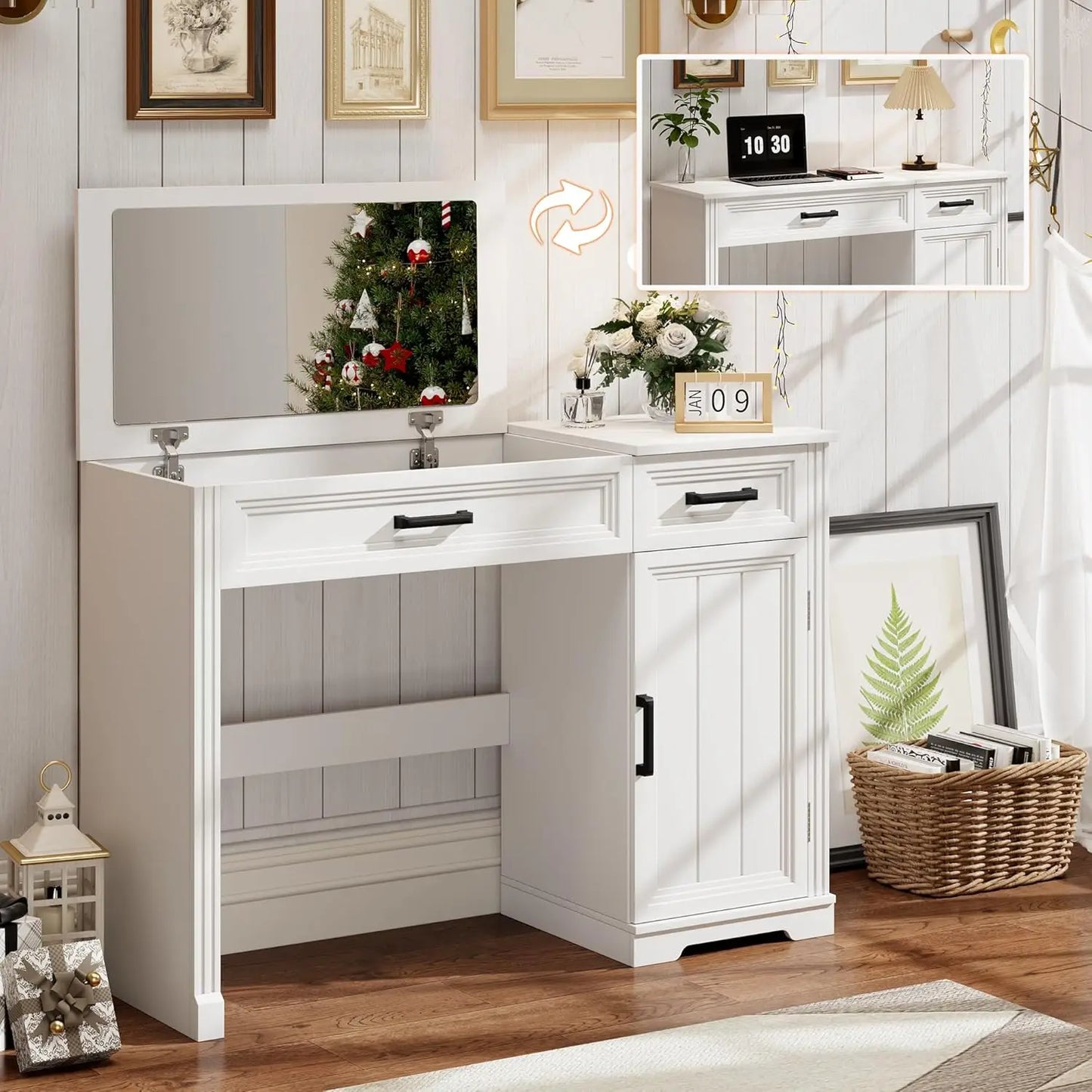 Farmhouse Vanity with Flip Mirror and Storage Cabinet for Bedroom
