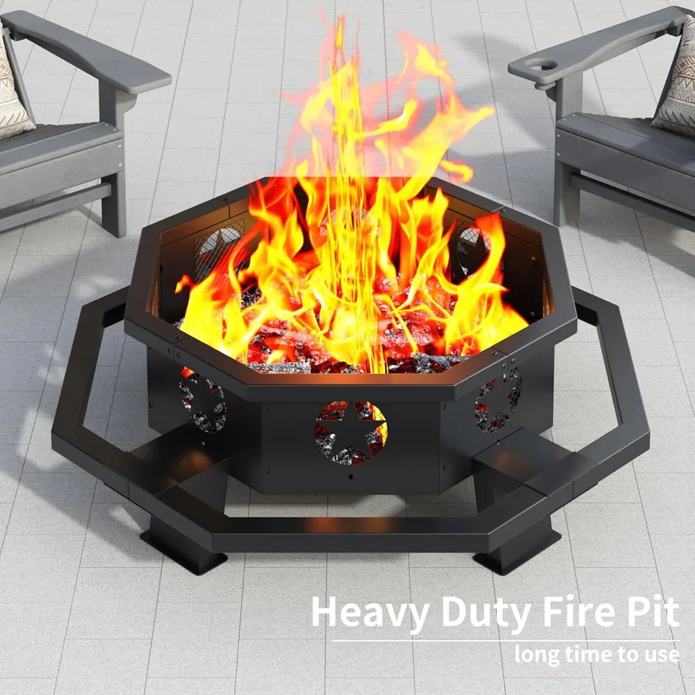 43 Inch Outdoor Fire Pit Octagonal Heavy Duty Wood Burning Firepit